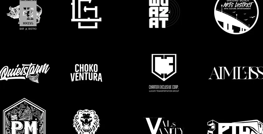 Grid of logos designed by 82 Agency for bars, venues, transport and fashion brands
