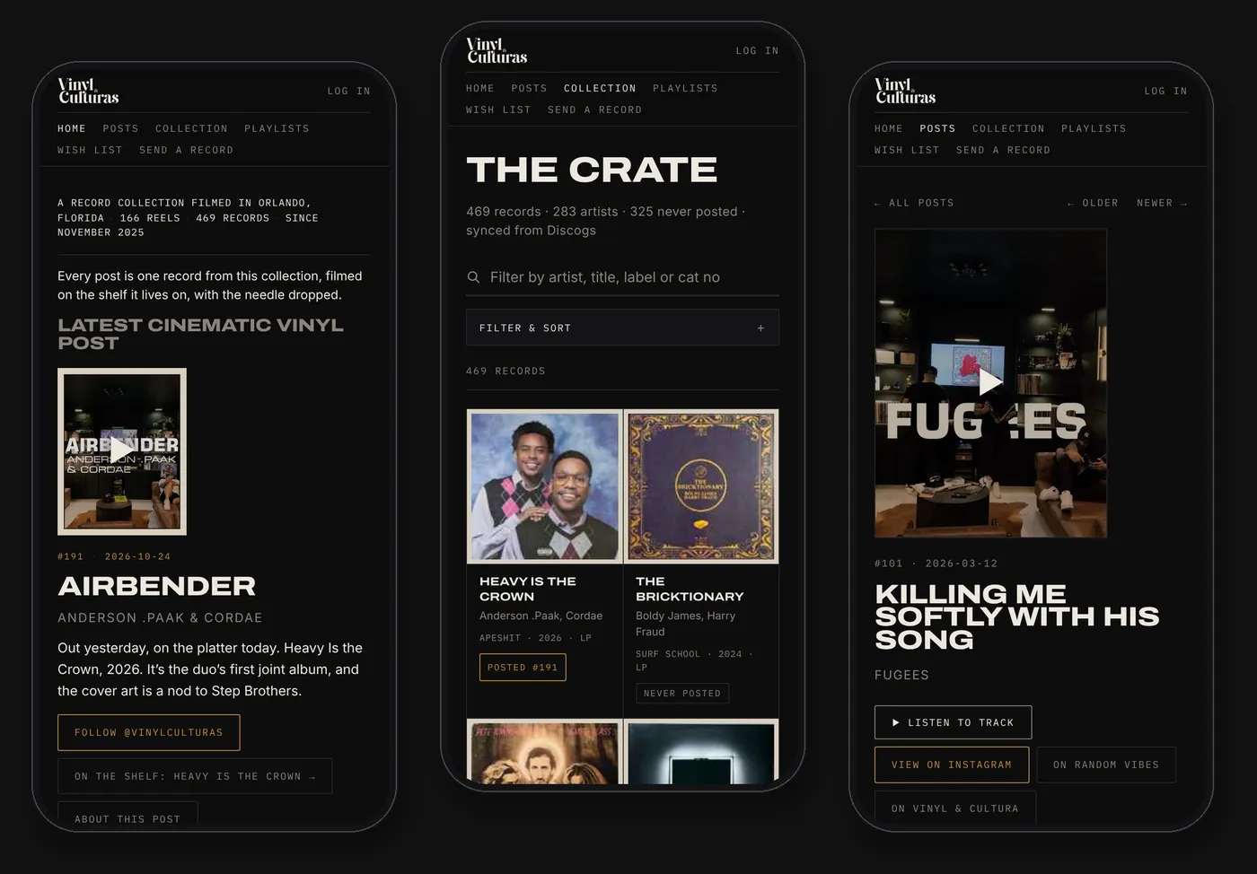 Vinyl Culturas on three phones: the homepage with the latest post, The Crate record collection, and a post page